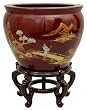 Japanese Style Accents - 16" Ming Lacquered Porcelain Jardini&egrave;re / Fishbowl / Planter / Urn - Red Landscape