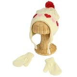 Winter Toddler Girls 2-4 Years Knit Ski Trapper Beanie Hat with Mittens Gloves Set Ivory