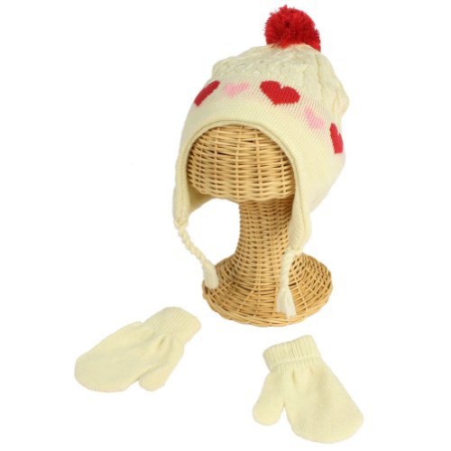Winter Toddler Girls 2-4 Years Knit Ski Trapper Beanie Hat with Mittens Gloves Set Ivory