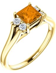 18K Yellow Gold 5.00x5.00mm Princess Cut Spessartite Garnet and Diamond Ring -- LIFETIME WARRANTY