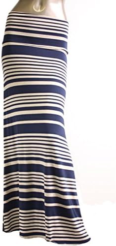 Striped Long Maxi skirt for Women Stretch Rayon Foldover High Waisted Maxi Skirts Navy / Ivory Stripes Medium
