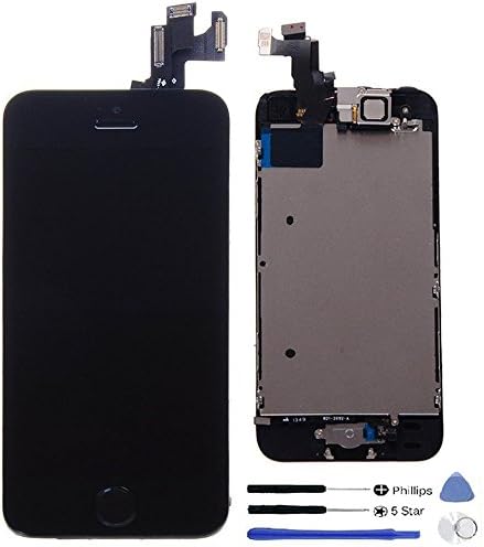 Cellpparts iPhone 5S Screen Replacement LCD Display Touch Screen Glass Digitizer Assembly With Home Button Front Facing Camera Set +Ear Speaker Set + Free Repair Tools (Black)