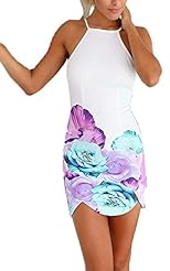 Sexy Polyester Floral Print Backless Sleeveless Spaghetti Strap Mini Dress 