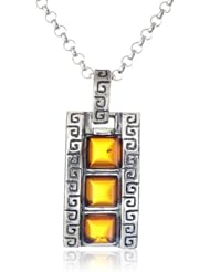 Sterling Silver Honey Amber Greek Ornament Pendant Necklace , 18"