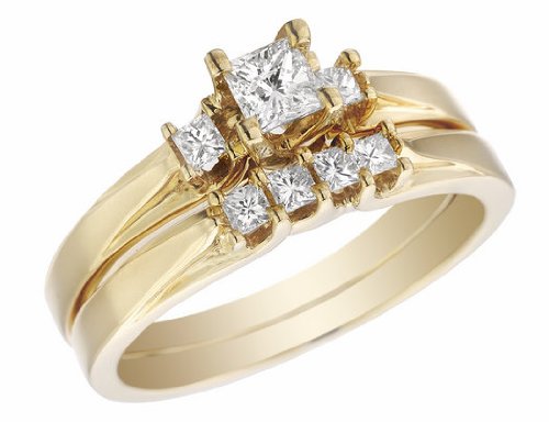 Diamond Princess Engagement Ring & Wedding Band Set 1/2 Carat (ctw) in 14K Yellow Gold