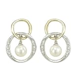 Chinese Fresh Water Pearl and 0.06 ct. Diamond Circle Earrings in 14K Two Tone Gold