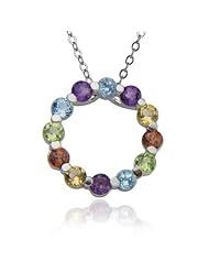 Sterling Silver Multi-Gemstone Circle Pendant, 18"