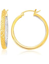 Two-Tone Yellow and White Gold Medium Patterned Hoop Earrings