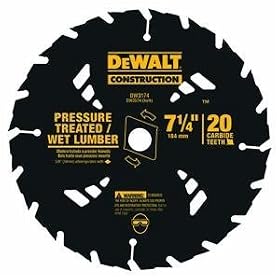 DEWALT DW3174 Construction Series 7-1/4-Inch 20 Tooth ATB Thin Kerf Pressure Treated and Wet Lumber Cutting Saw Blade with 5/8-Inch and Diamond Knockout Arbor