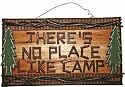 Hand-crafted "There's No Place Like Camp" Sign Plaque with Green Pine Trees (Made of Wood) 18"