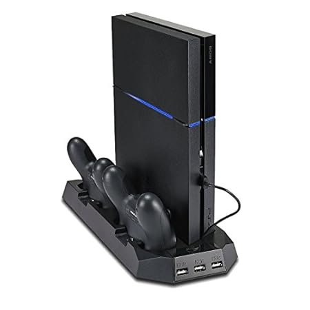 PS4 Cooler, PECHAM PlayStation 4 Console Vertical Stand Cooling Fan Charging Station, Dual Micro USB Charger Ports for DualShock 4 Controllers and PS4 Charger Docking Station HUB Charger Ports