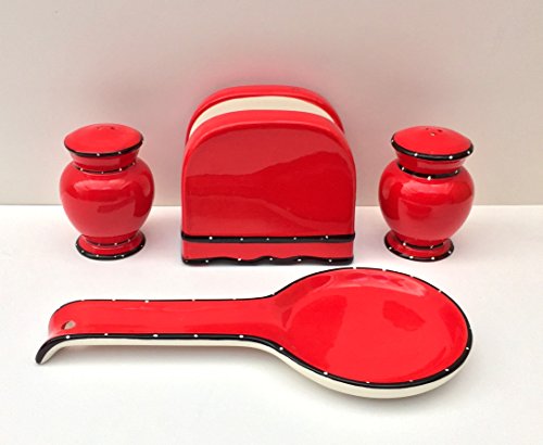 Tuscany Hand Painted Red Ruffle 4pc Stove Top Set, Napkin, Salt, Pepper and Spoon Rest, 85225/28 by ACK