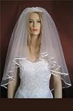 2 Tier White Fingertip Length 3mm Satin Ribbon Trim Simple Wedding Bridal Veil