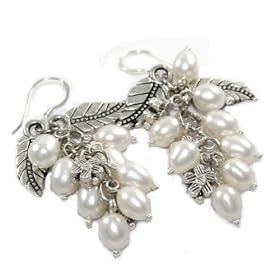 Beautiful Genuine Freshwater White Pearl Cluster Earrings with Leaf and Flower Charms on 925...
