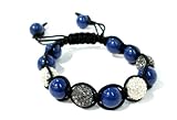 IMAGE OF Shamballa Macrame Bracelet with Four 12mm Paves Silver Crystal and Gunmetal Black Diamond Paves with 12mm Smooth Blue Agate Unisex Adjustable-handmade