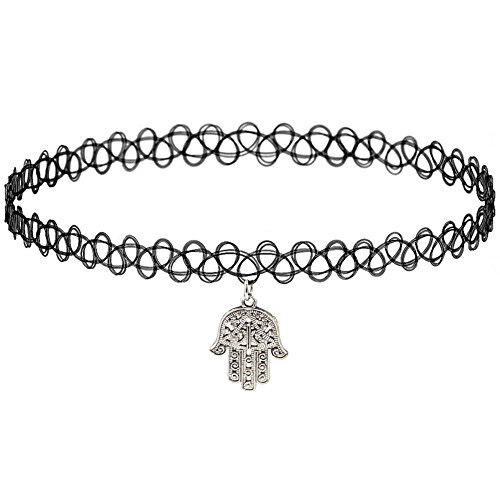 Girlprops Tattoo Choker Necklace, Hamsa Charm, Popular in the 80S 90S, Hamsa Charm in Black with Silver Tone Finish