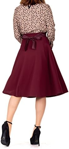 Ribbon Tie Waist A-line Flared Skater Circle Midi Skirt (L, Wine)