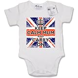 Dirty Fingers - Keep Calm Mum and Carry On (with flag) - Baby & Toddler Short Sleeve Bodysuit / BabyGrow, 6-12 months, White