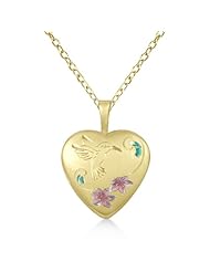 Heart Shaped Photo Locket Pendant Necklace W/ Bird and Flower Design For Women 14K Yellow Gold Verm