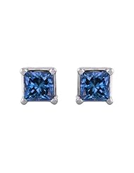 Blue - I1 Princess Cut Diamond Earring Studs in 14K White Gold