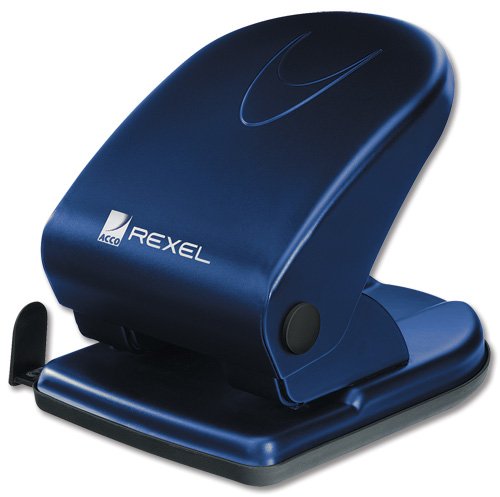 REXEL - Perforateur gros travaux V235, capacité de perforation35 feuilles, bleu, en métal, perforation: 80 mm, poigné opprimé, avec réglette de guidage en plastiq