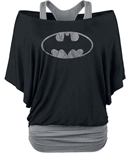 Bigood Women's Faux Two-pieces Off-the-shoulder Batman Casual T-shirt Tops