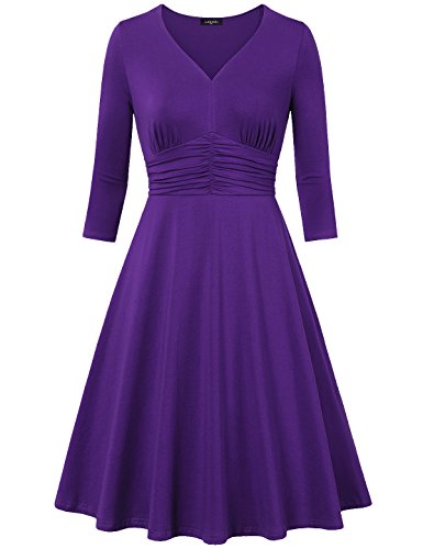 Laksmi Womens Retro Style V Neck 3/4 Sleeve High Waist Ruched Dress