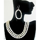 BRD584 Rice Freswater Pearls 3 Stranded Necklace Set Bridal Bridemaids Wedding Jewelry Set w/ Hoop Earrings