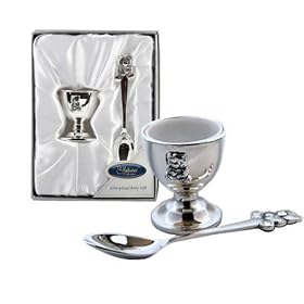 Personalised Silver Plated Teddy Egg Cup and Spoon Set ENGRAVED FREE