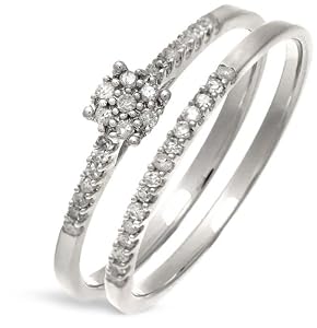 Ensemble Bague de fiançailles et alliance Femme - Or Blanc 375/1000 (9 Cts) 1.7 Gr - Diamant - T 49
