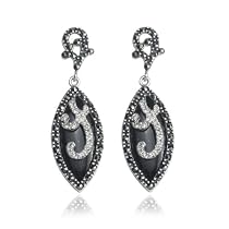 Sterling Silver Marcasite & Blue Gold Stone Drop Earrings