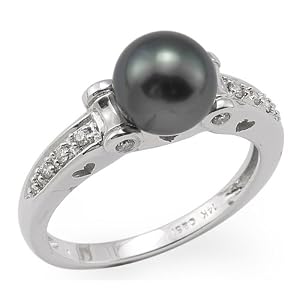 Tahitian Black Pearl Ring with Diamonds in 14K White Gold by