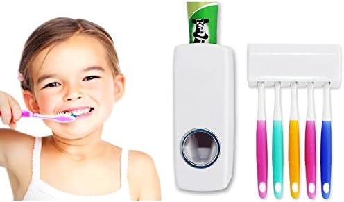 Cosi Fashion(TM) Hands Free Toothpaste Dispenser Automatic Toothpaste Squeezer and Holder Set (5 Brush Holder, White)