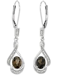 14k White Gold 3/4 in. (19mm) tall Lever Back Dangle Earrings, w/ 0.13 Carat Brilliant Cut Diamonds & 2.40 Carats Oval Cut 7x5mm Smoky Topaz Stones