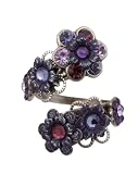 Michal Negrin Silver Coating Wrap Ring with Purple Swarovski Crystals and Hand-painted Flowers - Victorian Style, Hand-Made in Israel