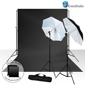 LimoStudio 800-840W Photography Lighting Light Kit + 10' x 10' 100% Cotton Black Muslin Backdrop + 10' x 10' 100% Cotton White Muslin Backdrop Background + LimoStudio Exclusive White Black Muslin Protectors Photo Portrait Studio Large 40 Black/White Umbrella Continuous Lighting Kit, AGG258