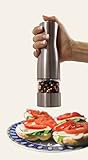 Battery Powered Automatic Electric Pepper Mill, Salt Mill, Elegant Brushed Stainless Steel with Powerful Ceramic Grinding Motor and Adjustable Grinding Coarseness, Push Button Action