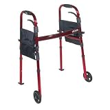 Drive Medical Deluxe Portable Folding Travel Walker with 5 Wheels and Fold up Legs, Red