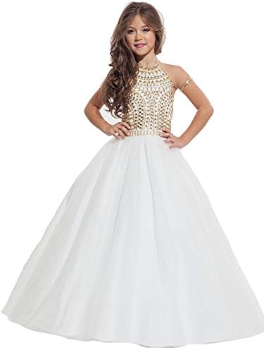 DFEC Girls' Halter Crystal Floor Length Ball Flower Pageant Gowns 16 US White