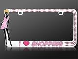 Valor Auto Companion LPF2MC019PNK Fashionable "I LOVE SHOPPING" Design Metal License Plate Frame with Pink Crystals