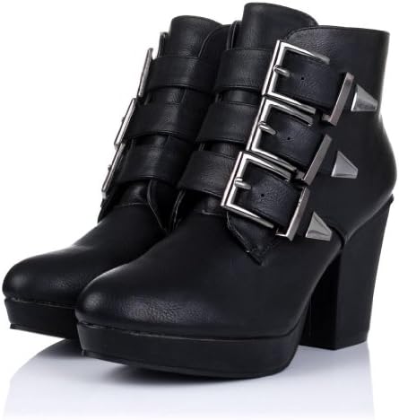 Block Heel Buckle Platform Biker Ankle Boots Black Synthetic Leather
