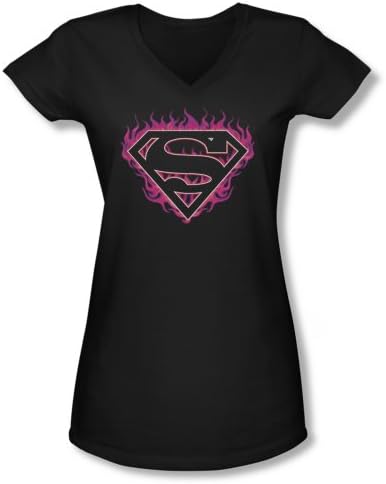 Superman Fuchsia Flames Juniors V-Neck T-Shirt Large Black