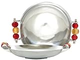Aluminum Round Dish with Ruby Red and Gold Glass Bead Handles 9 1/2"D 1 3/4"H