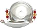 Aluminum Round Dish with Ruby Red and Gold Glass Bead Handles 9 1/2"D 1 3/4"H
