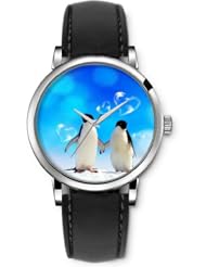 SPRAWL Aanalog Fashion Series Silver Ladies Watches of Genuine Black Leather Strap,Unique Wrist Watch for Women Girls Designed with penguins love