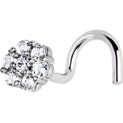 Solid 14KT White Gold Clear CZ Flower Nose Screw Ring