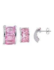 Sterling Silver Pink Cubic Zirconia Curved Designer Post Back Findings Stud 8mm x 12mm Earring and Pendant Jewelry Set