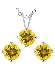 2.10 Ct Round Yellow Citrine 925 Sterling Silver Pendant Earrings Set