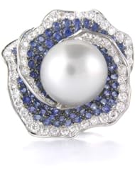 Diamond Blue Sapphire & Pearl 18k White Gold Right Hand Ring