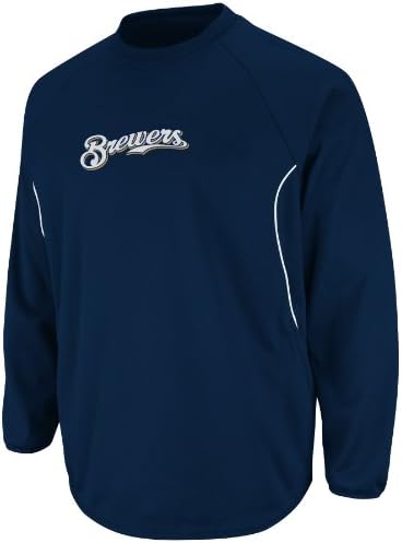 MLB Men's Milwaukee Brewers Long Sleeve Crew Neck Thermabase Tech Fleece Pullover by Majestic (Pro Navy/Pro White, X-Large)